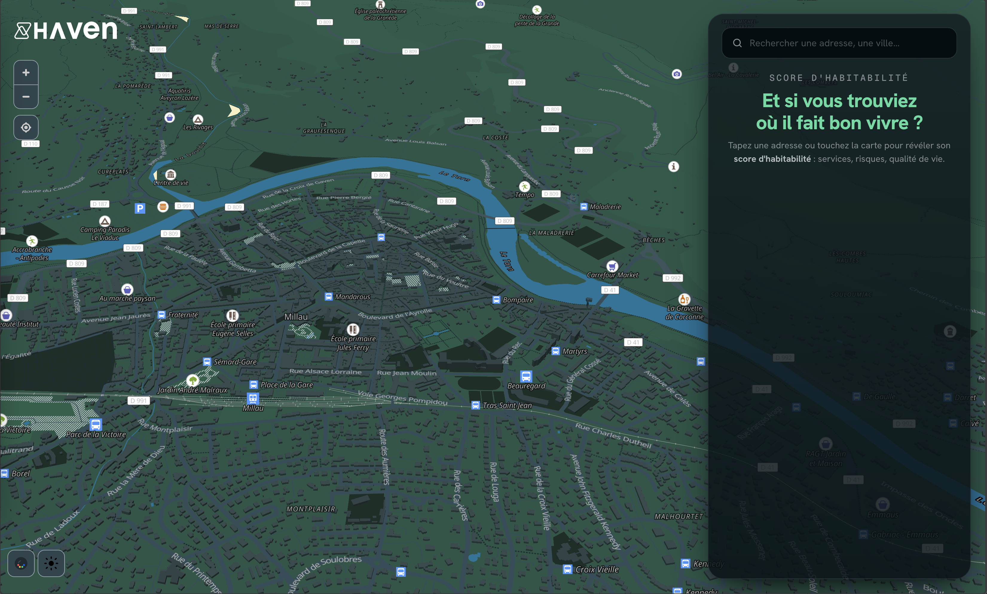 Interface Haven — carte et panneau de score